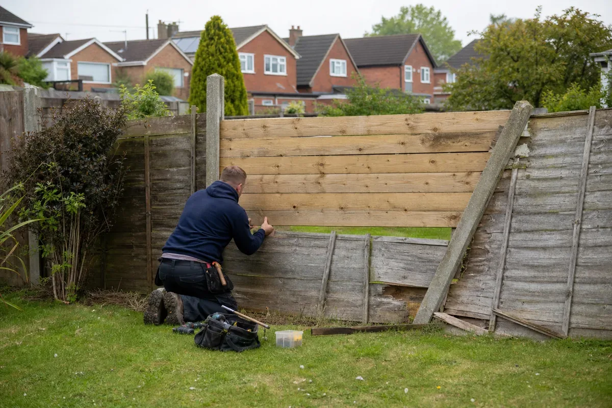 Damaged garden fence being repaired in West Bromwich